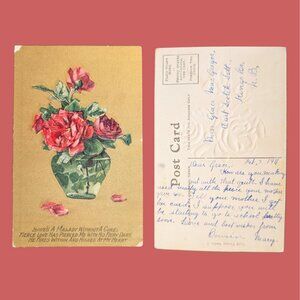 Vintage Postmarked 1911 Embossed Postcard Art Nouveau Red Roses